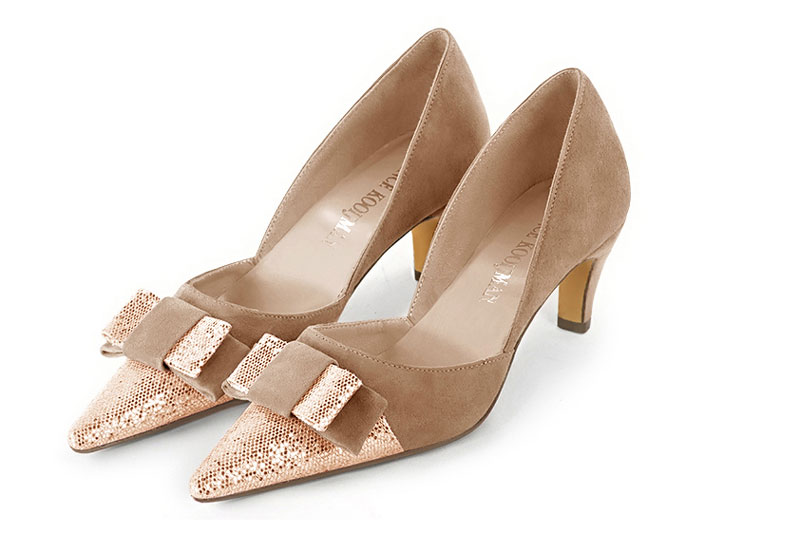 Powder pink and biscuit beige women's open arch dress pumps. Pointed toe. Medium slim heel. Front view - Florence KOOIJMAN